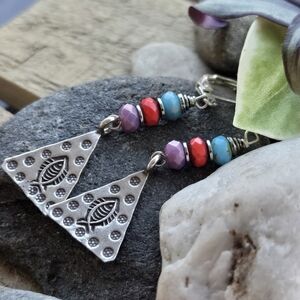 Boho Triangular Fish Motif Drop Earrings in Turquoise, Red & Purple